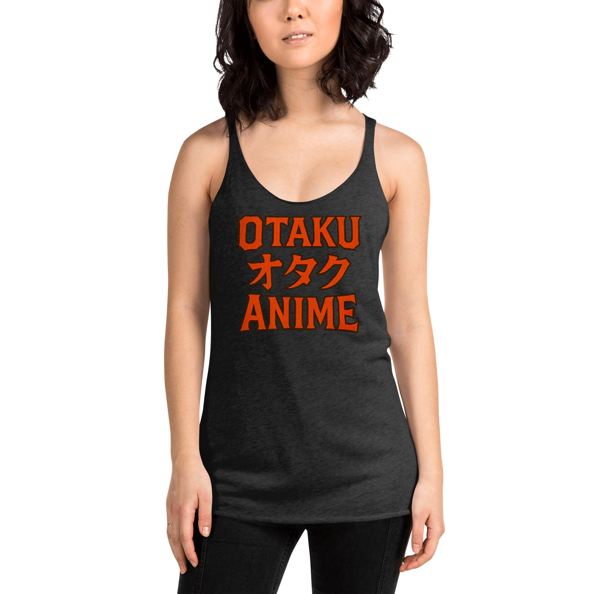 Otaku オタク Anime graphic on women's racerback tank, front view