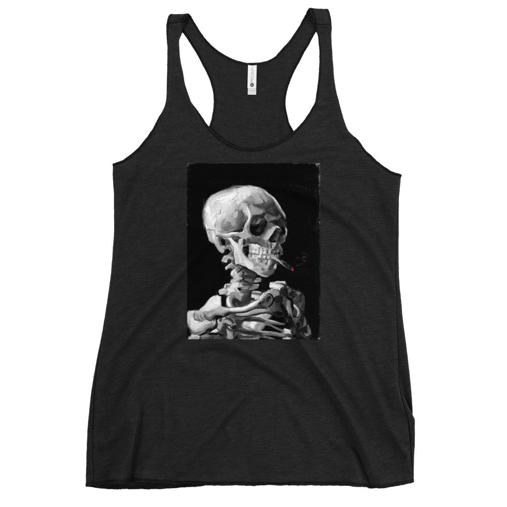 Skeleton Smoking Van Gogh graphic on women's racerback tank, front view