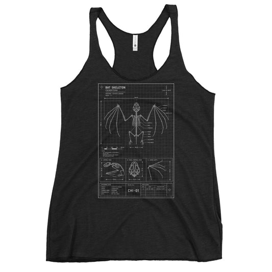Bat Skeleton Blueprint graphic on women's racerback tank, front view