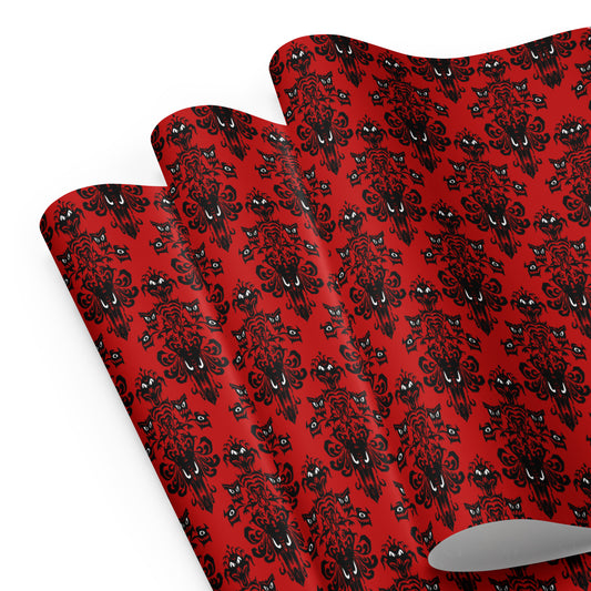 Red Haunted Mansion pattern on wrapping paper sheets, front product mockup