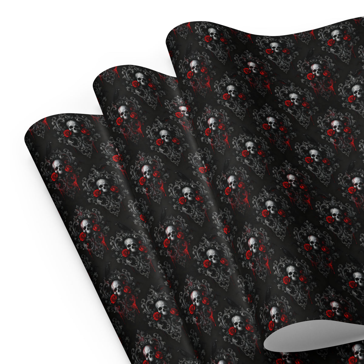 Skulls Roses & Ravens pattern on wrapping paper sheets, front product mockup