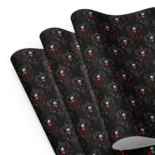 Skulls Roses & Ravens pattern on wrapping paper sheets, front product mockup
