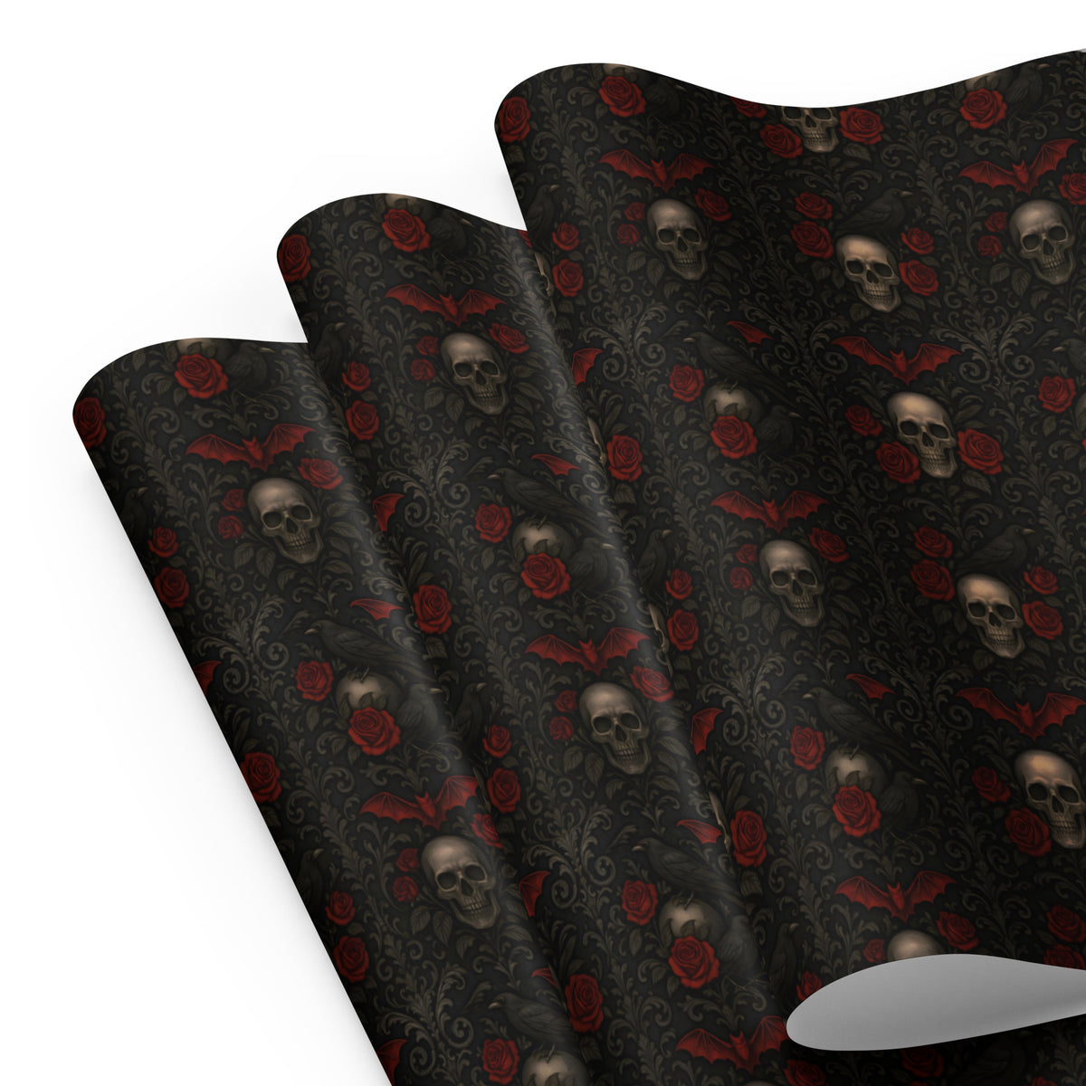 Skulls Bats Ravens & Roses pattern on wrapping paper sheets, front product mockup