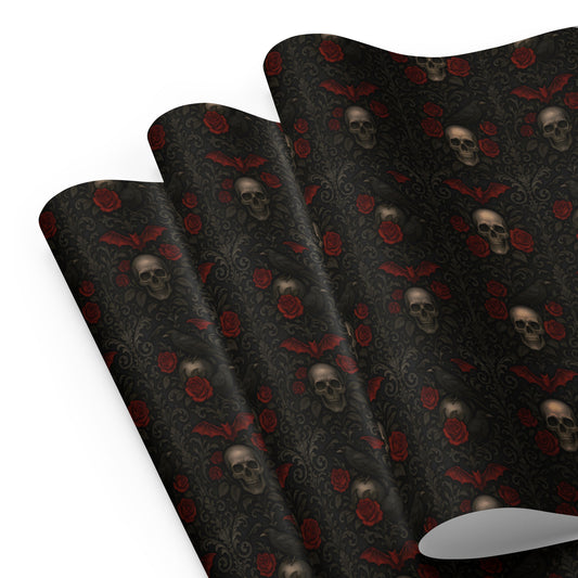 Skulls Bats Ravens & Roses pattern on wrapping paper sheets, front product mockup