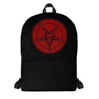 Red Sigil of Baphomet artwork on unisex backpack, front view