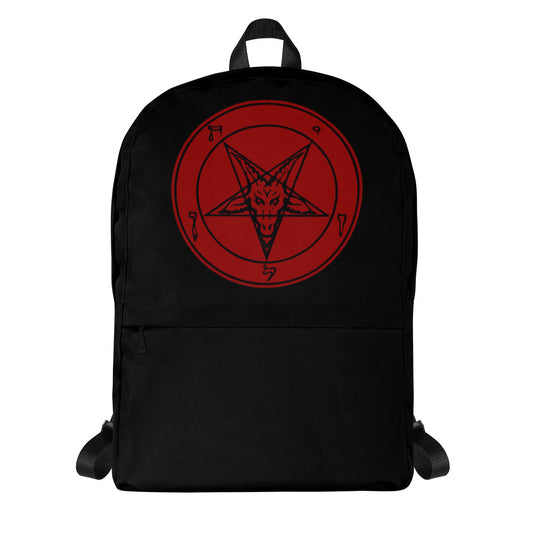 Red Sigil of Baphomet artwork on unisex backpack, front view