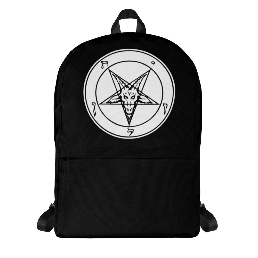 White Sigil of Baphomet artwork on unisex backpack, front view