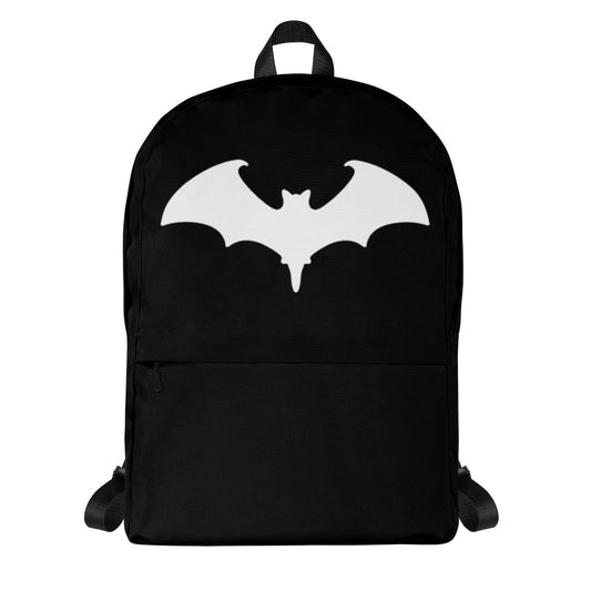 White Vampire Bat artwork on unisex backpack, front view