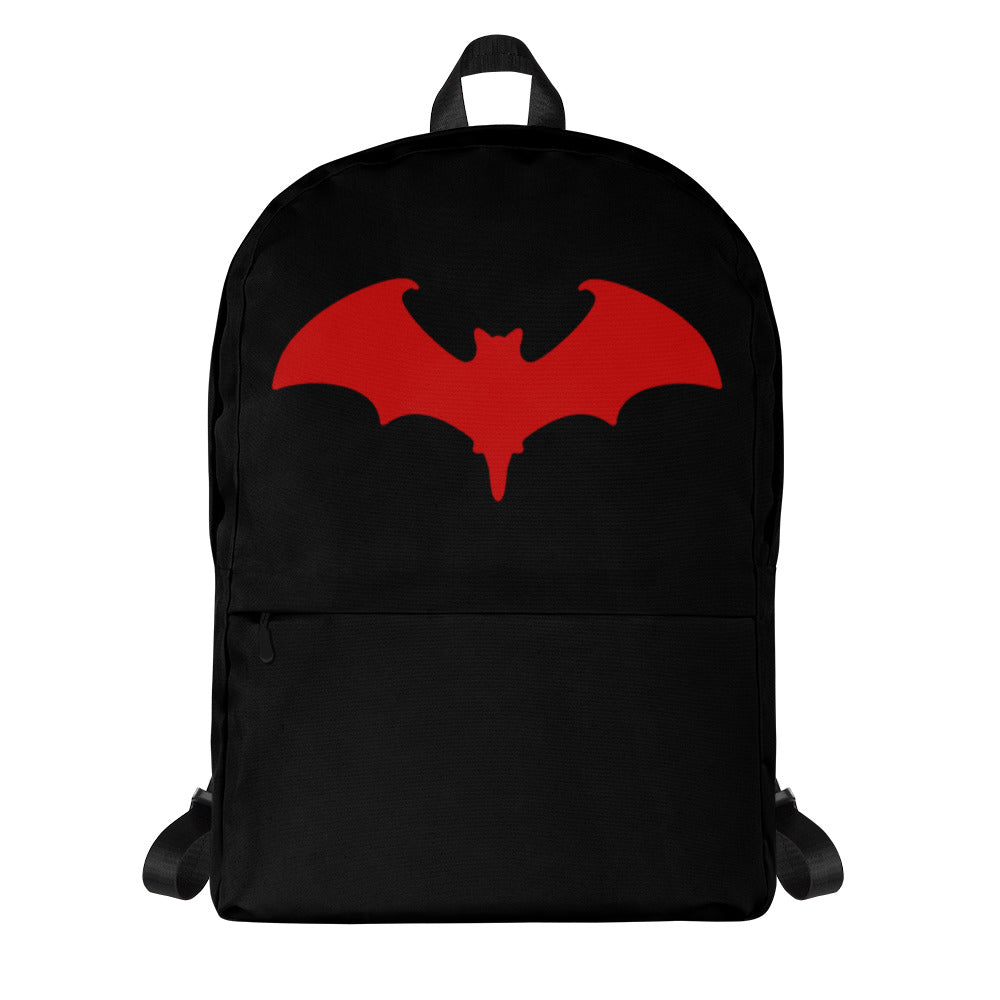 Red Vampire Bat artwork on unisex backpack, front view