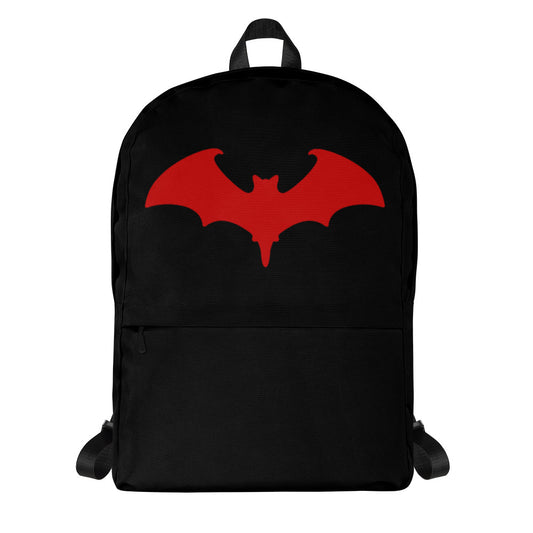 Red Vampire Bat artwork on unisex backpack, front view