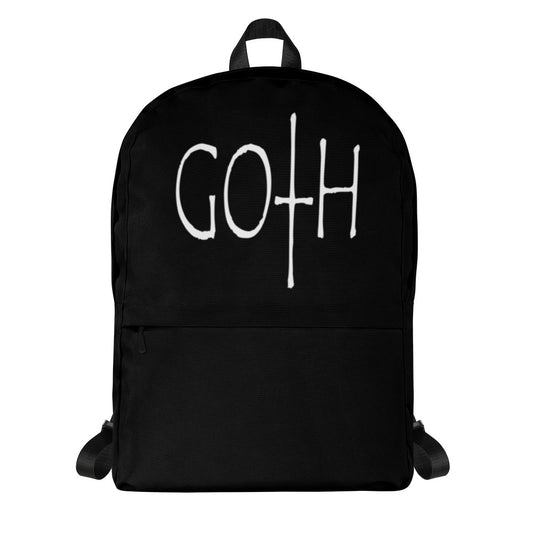 White GOTH Wordmark artwork on unisex backpack, front view