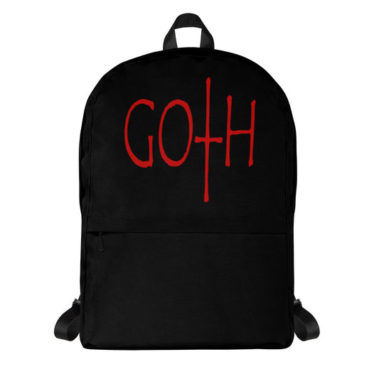 Red GOTH Wordmark artwork on unisex backpack, front view