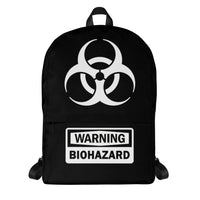 White Biohazard Warning artwork on unisex backpack, front view