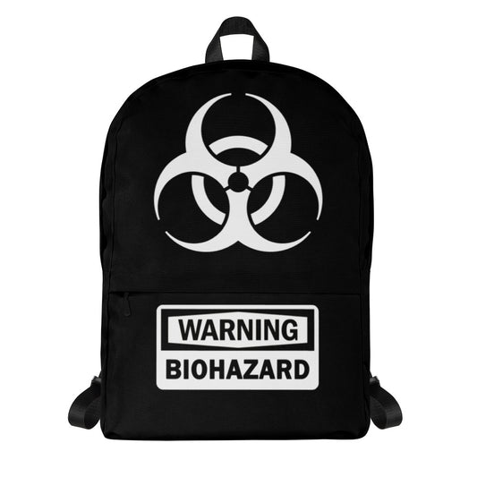 White Biohazard Warning artwork on unisex backpack, front view