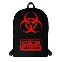 Red Biohazard Warning artwork on unisex backpack, front view