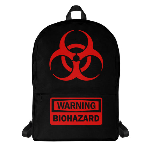 Red Biohazard Warning artwork on unisex backpack, front view
