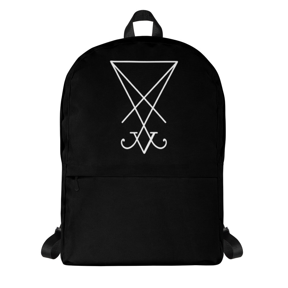 White Sigil of Lucifer artwork on unisex backpack, front view