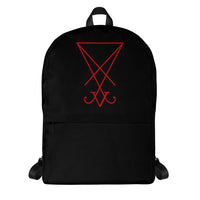 Red Sigil of Lucifer artwork on unisex backpack, front view