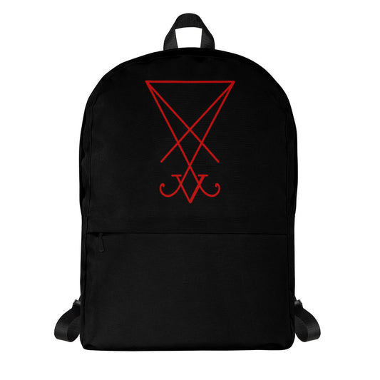 Red Sigil of Lucifer artwork on unisex backpack, front view