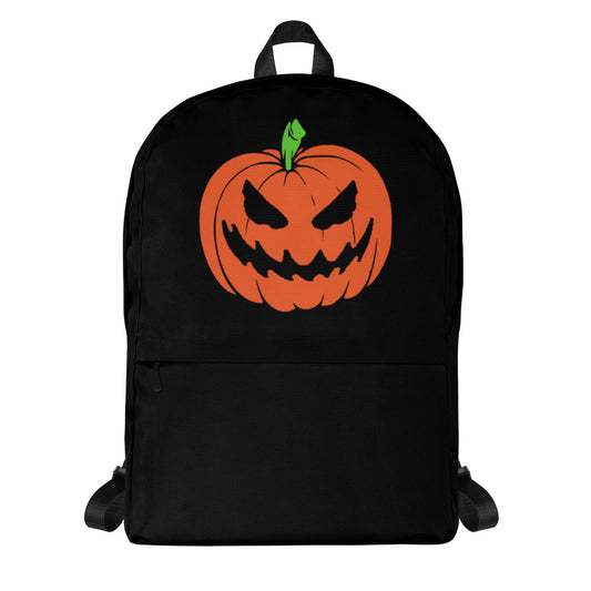 Jack-O'-Lantern artwork on unisex backpack, front view