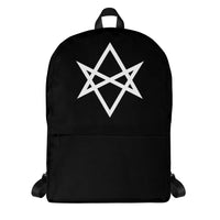 Unicursal Hexagram artwork on unisex backpack, front view