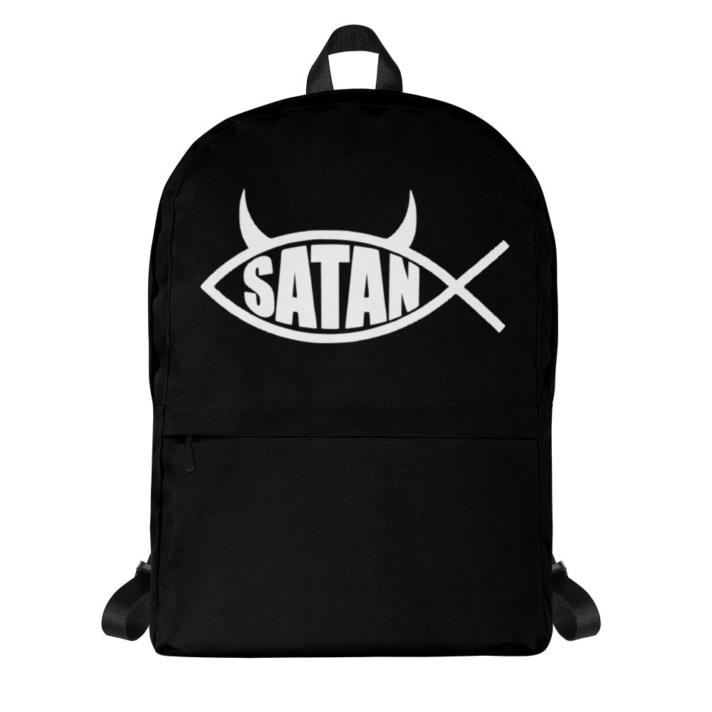 White Satan Fish artwork on unisex backpack, front view