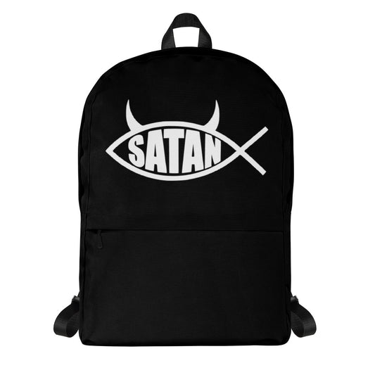 White Satan Fish artwork on unisex backpack, front view