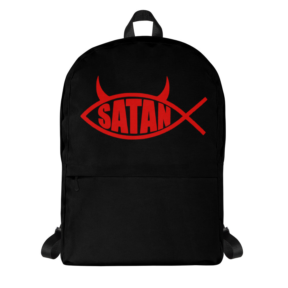 Red Satan Fish artwork on unisex backpack, front view