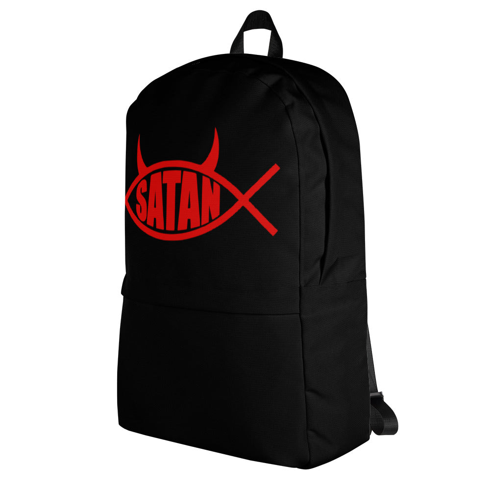 Red Satan Fish with Horns Religious Satire on Jesus Fish Backpack School Bag - Edge of Life Designs