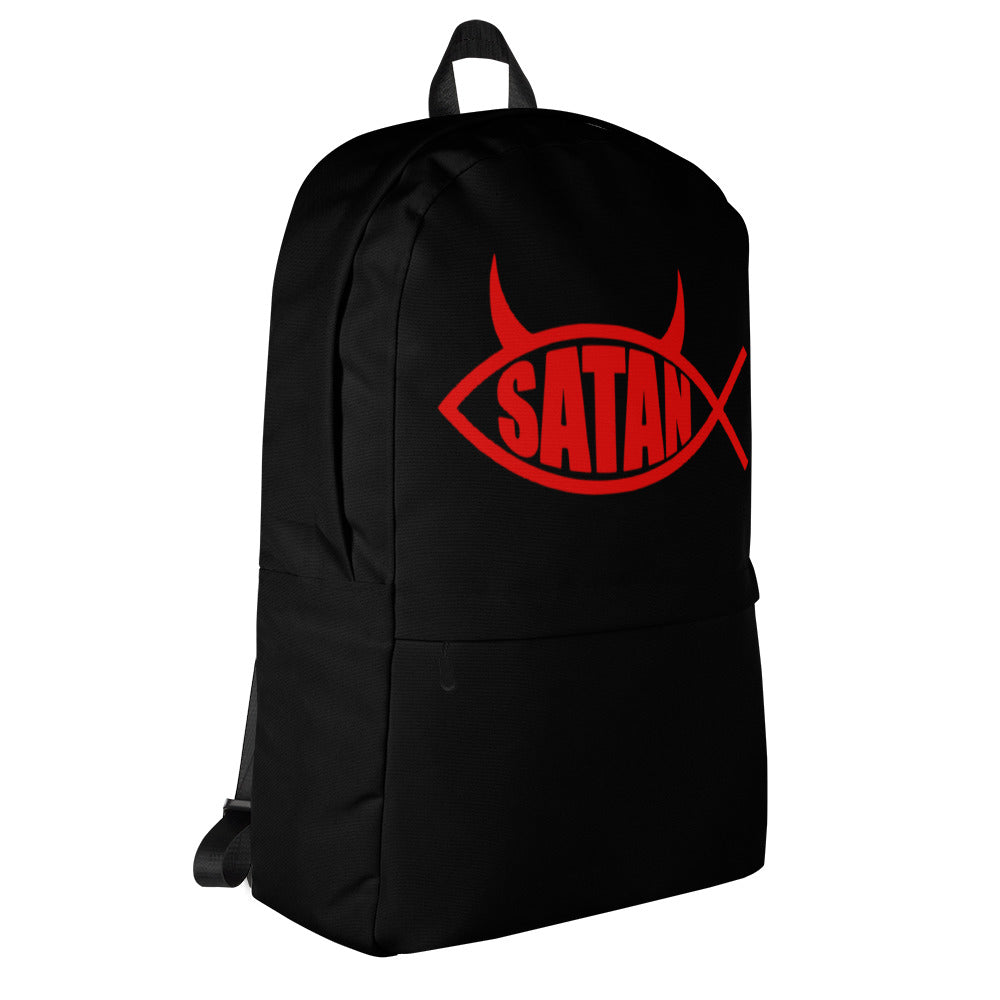 Red Satan Fish with Horns Religious Satire on Jesus Fish Backpack