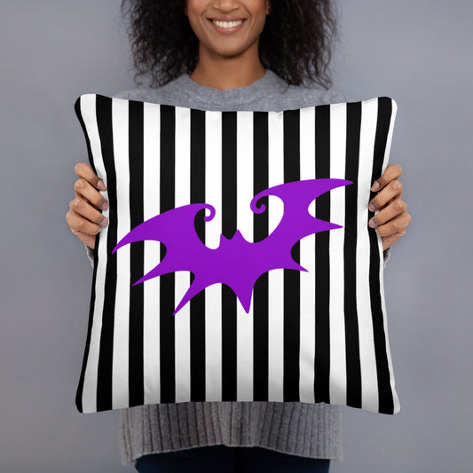 Purple Bat & Vertical Stripes artwork on 18 by 18 inch throw pillow, front view