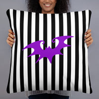 Purple Bat & Vertical Stripes artwork on 22 by 22 inch throw pillow, front view