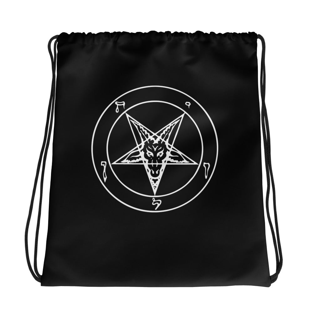 Sigil of Baphomet graphic on black unisex drawstring cinch bag, front view
