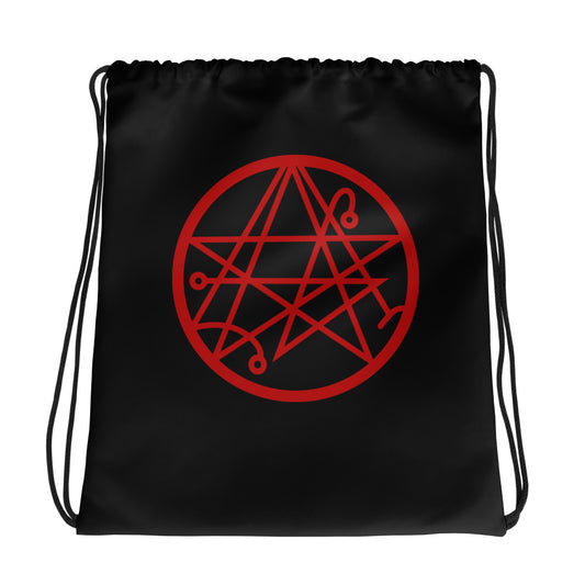 Necronomicon Sigil graphic on black unisex drawstring cinch bag, front view