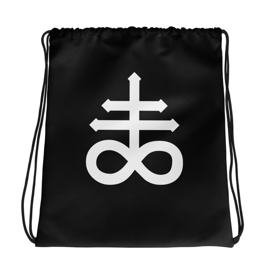 Leviathan Cross graphic on black unisex drawstring cinch bag, front view