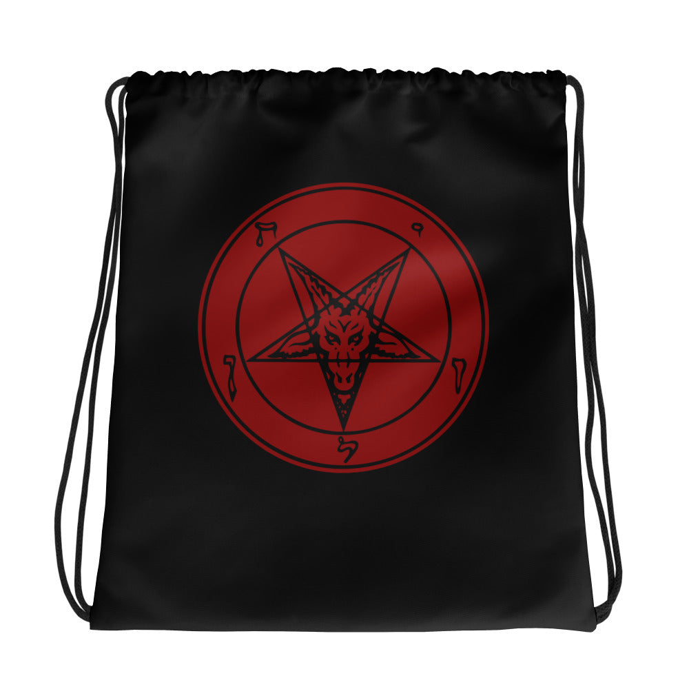 Solid Red Sigil of Baphomet Church of Satan Pentagram Drawstring Cinch Bag - Edge of Life Designs