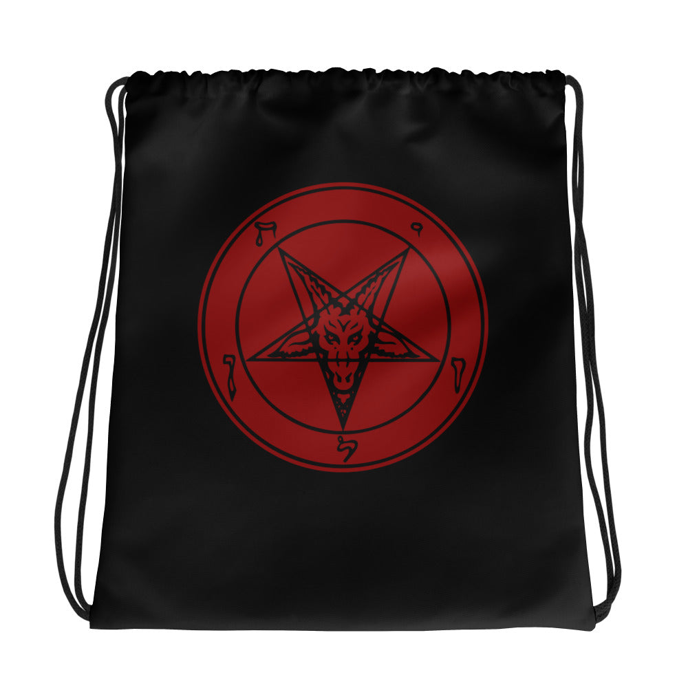 Red Sigil of Baphomet graphic on black unisex drawstring cinch bag, front view