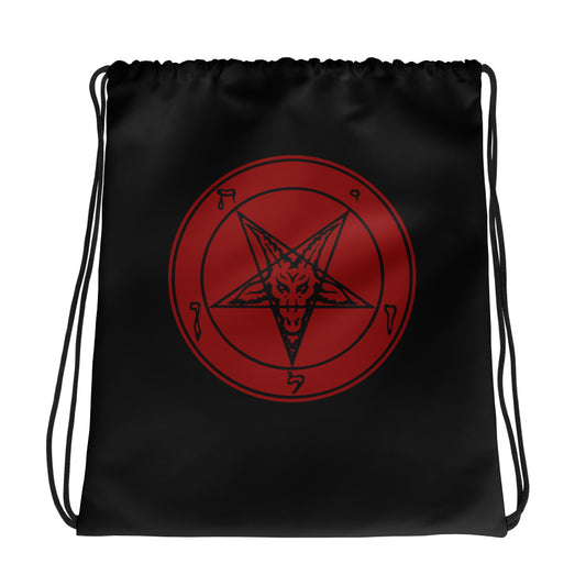 Red Sigil of Baphomet graphic on black unisex drawstring cinch bag, front view