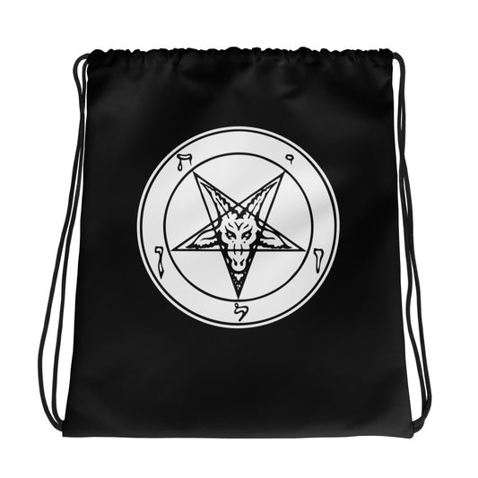 White Sigil of Baphomet graphic on black unisex drawstring cinch bag, front view