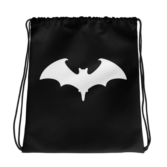White Vampire Bat graphic on black unisex drawstring cinch bag, front view