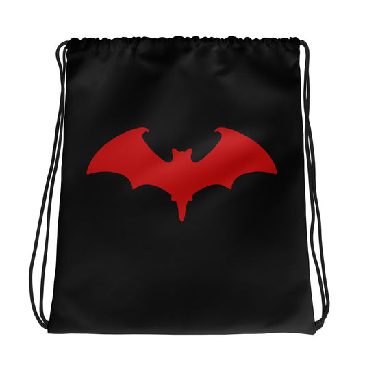 Red Vampire Bat graphic on black unisex drawstring cinch bag, front view