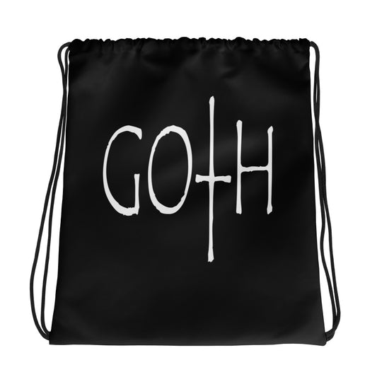 White GOTH Wordmark graphic on black unisex drawstring cinch bag, front view