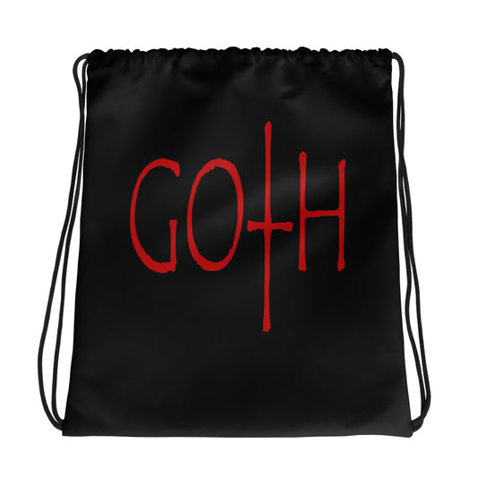 Red GOTH Wordmark graphic on black unisex drawstring cinch bag, front view