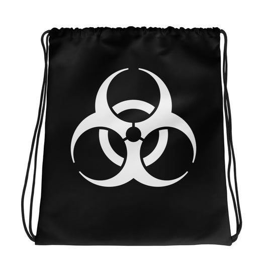 White Biohazard Warning graphic on black unisex drawstring cinch bag, front view
