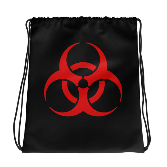 Red Biohazard Warning graphic on black unisex drawstring cinch bag, front view