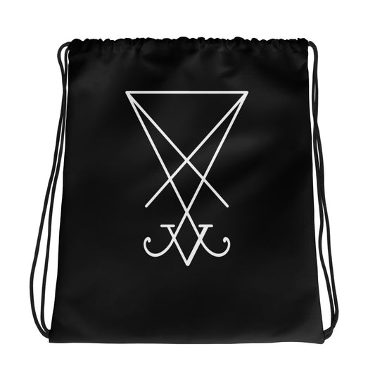 White Sigil of Lucifer graphic on black unisex drawstring cinch bag, front view
