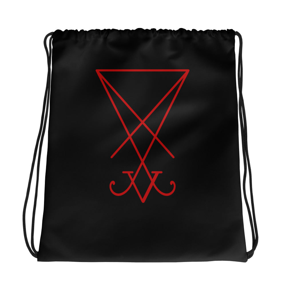 Red Sigil of Lucifer graphic on black unisex drawstring cinch bag, front view