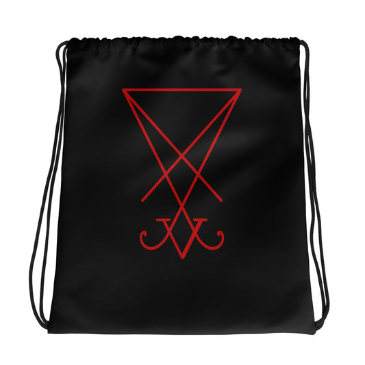 Red Sigil of Lucifer graphic on black unisex drawstring cinch bag, front view