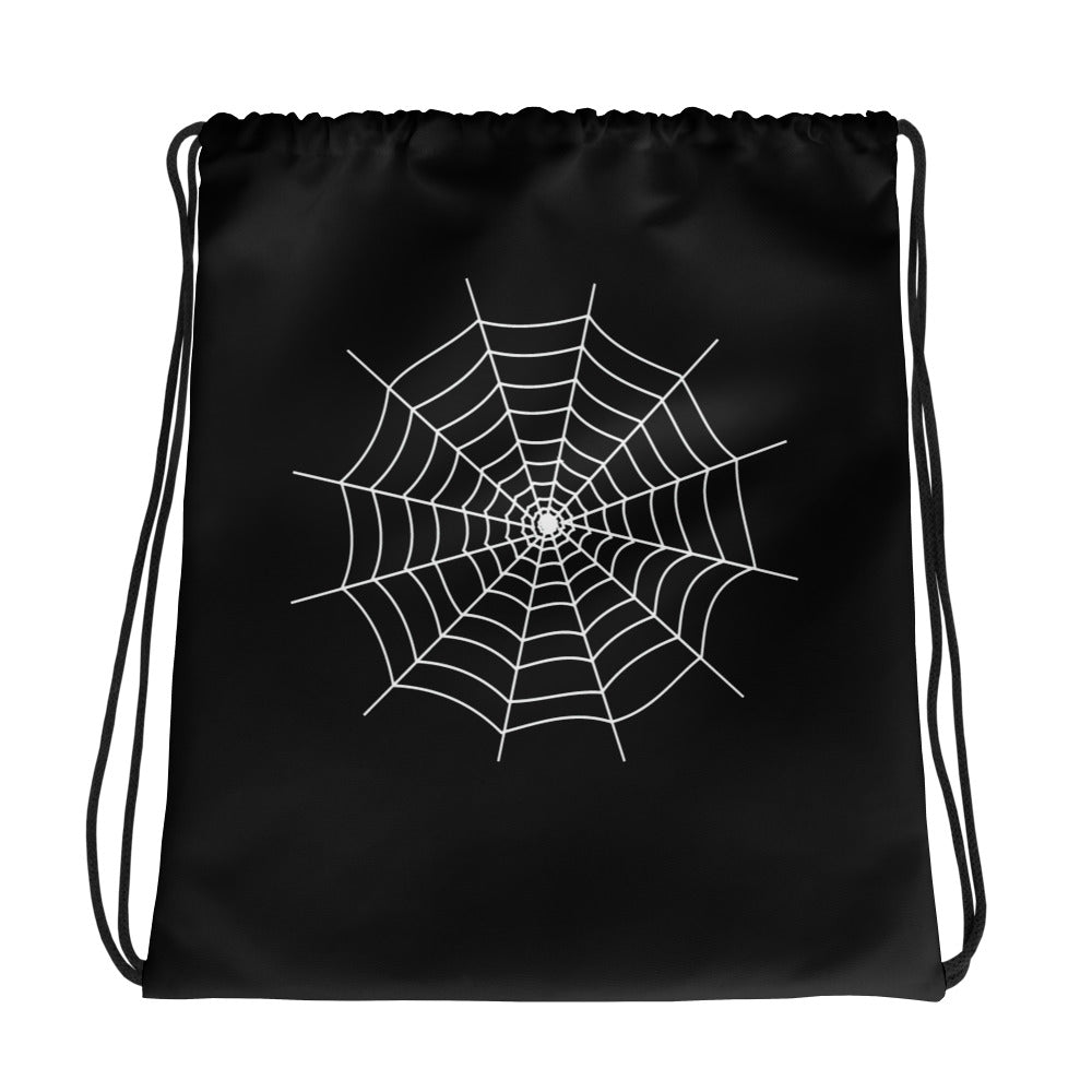 Spider Web graphic on black unisex drawstring cinch bag, front view