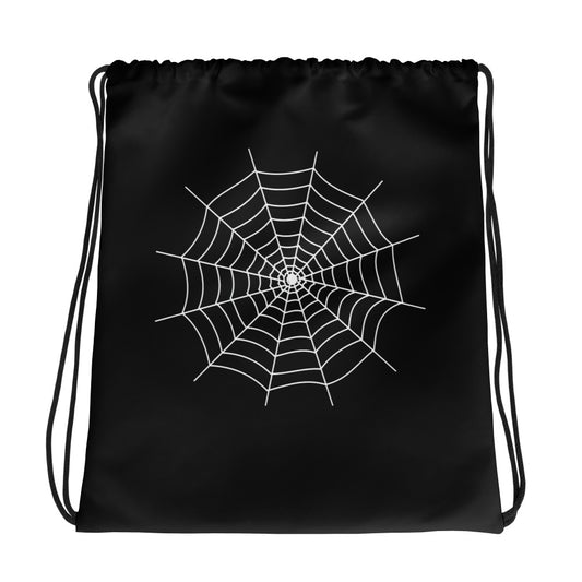 Spider Web graphic on black unisex drawstring cinch bag, front view